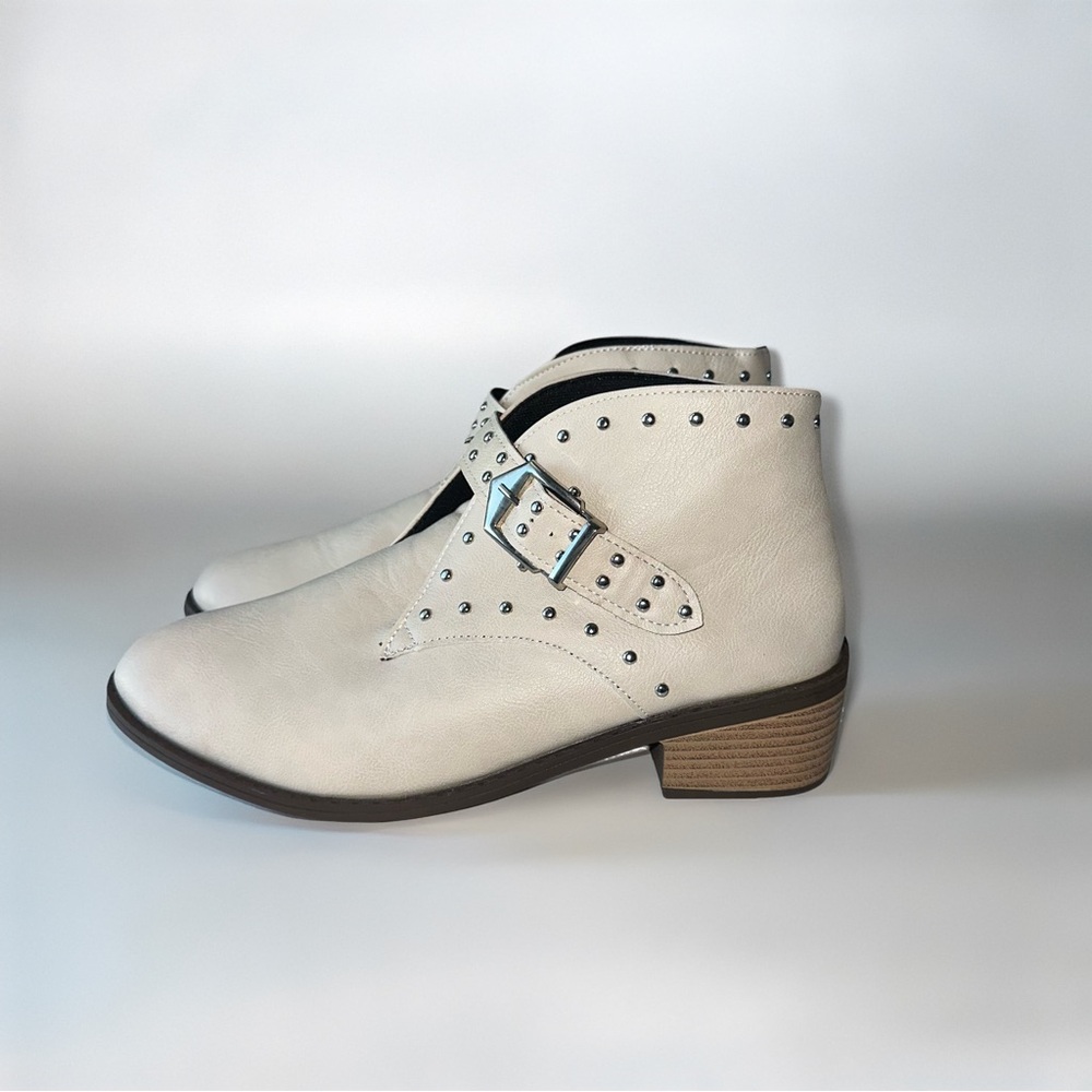 (CLEARANCE) Elegant Cream Studded Ankle Booties - Low Heel